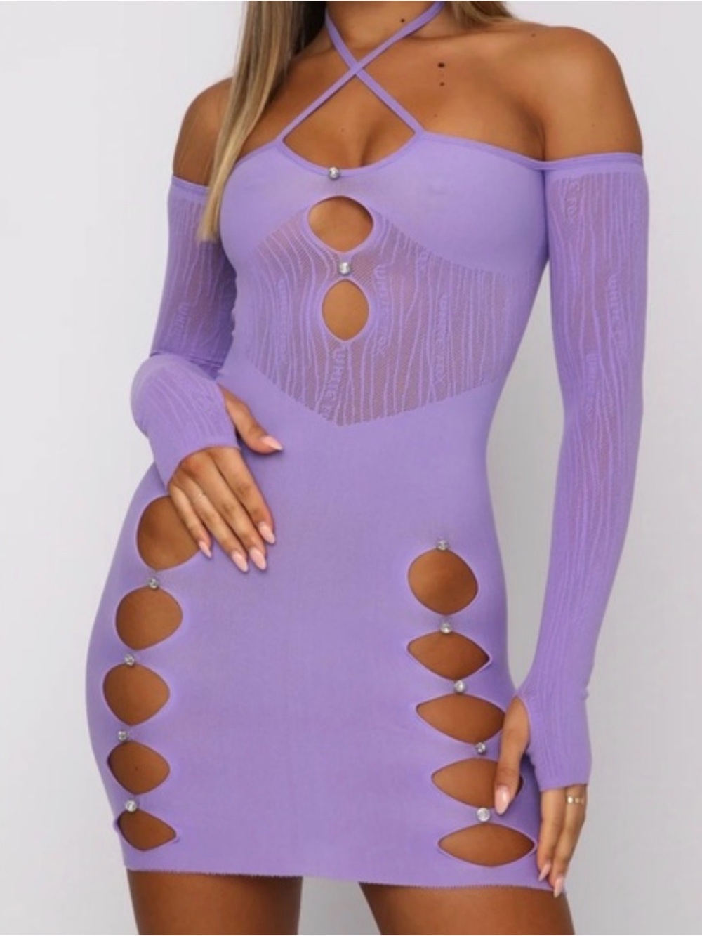White Fox Boutique Lavender Off-Shoulder Cutout Bodycon Mini Dress